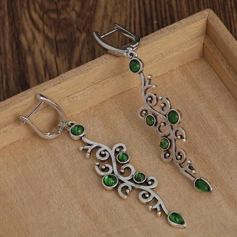 Charm Flower Earrings Vintage copper Color Green Stone Drop Earrings for Women Jewelry