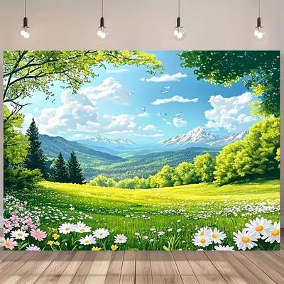 2D Sunny Valley Tapestry, Spring Mountain Nature View Wall Hanging for Party