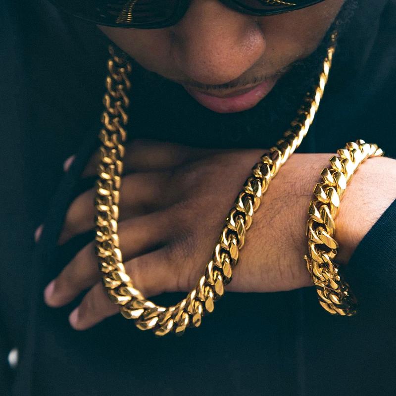 Wholesale Custom Hip Hop Miami Cuban Link Chain Mens 14k 18k Gold Plated Stainless Steel Chain Necklace 8MM(Width)*9Inches(Length) золотой