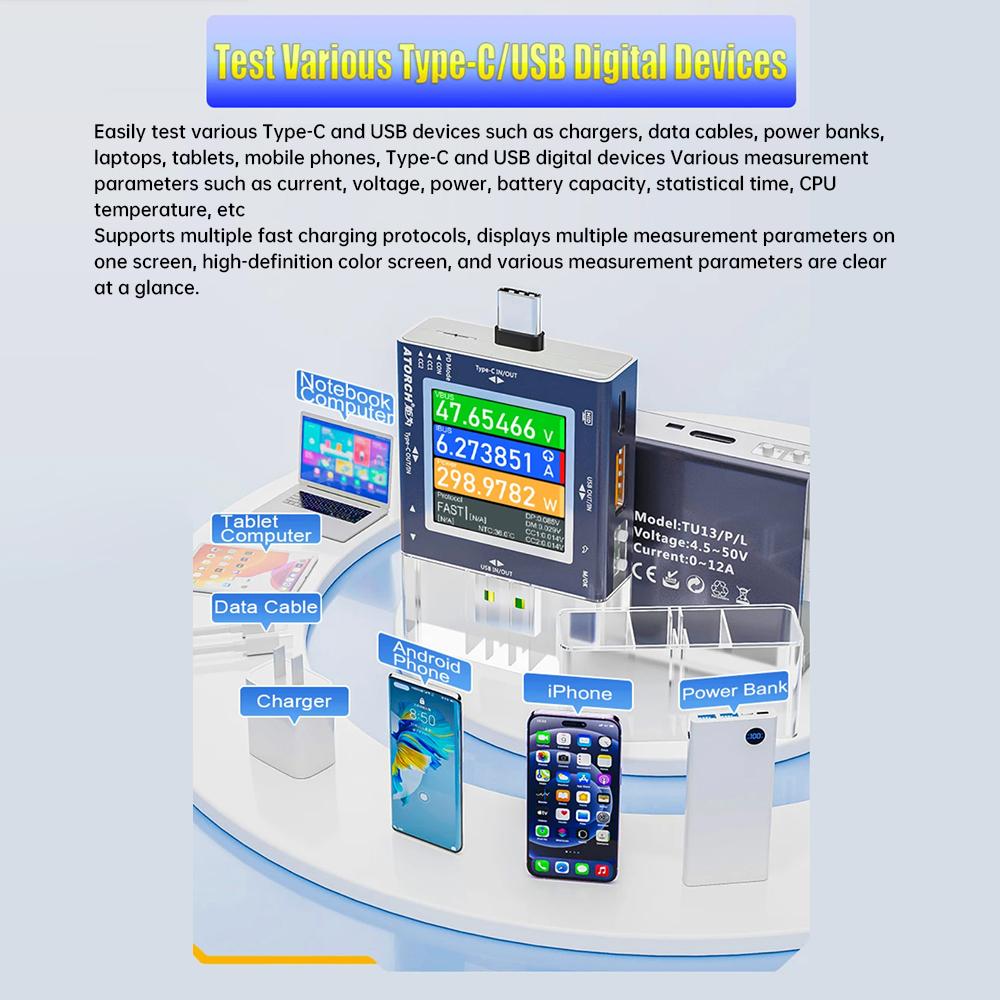 TU13 Type C USB Voltmeter Mobile Phone Charger Multi-Function Voltage Meter Current Power Tester DC 0-50V 6.5A Capacity Monitor