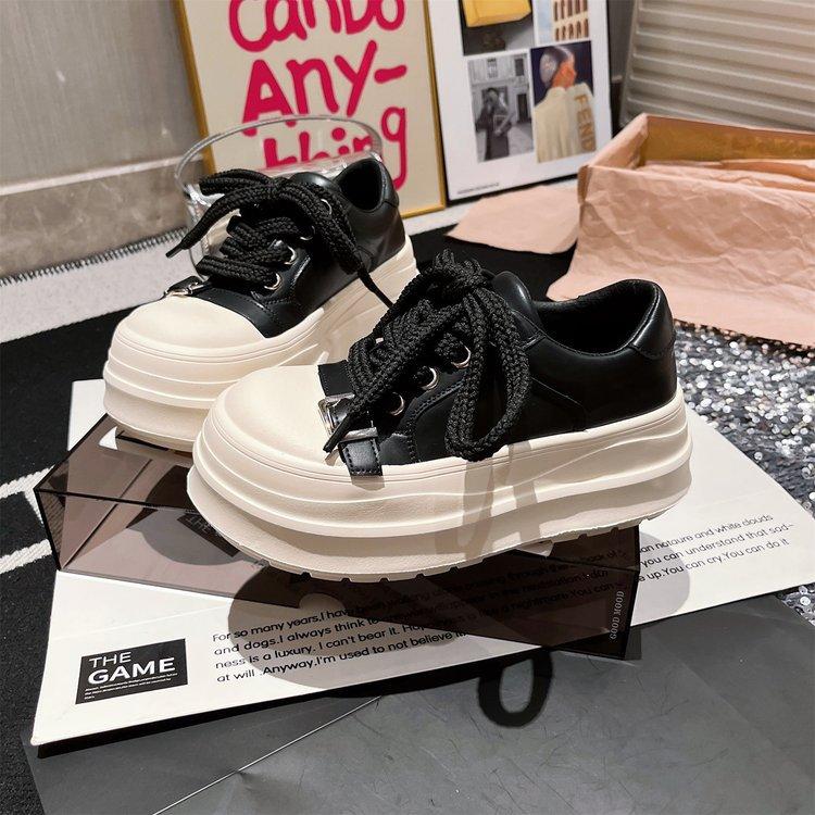 2025 Metal Buckle Leather Big Head Lace-up Thick-soled Muffin Bread Shoes Casual Board Shoes Small German Training Women's Shoes