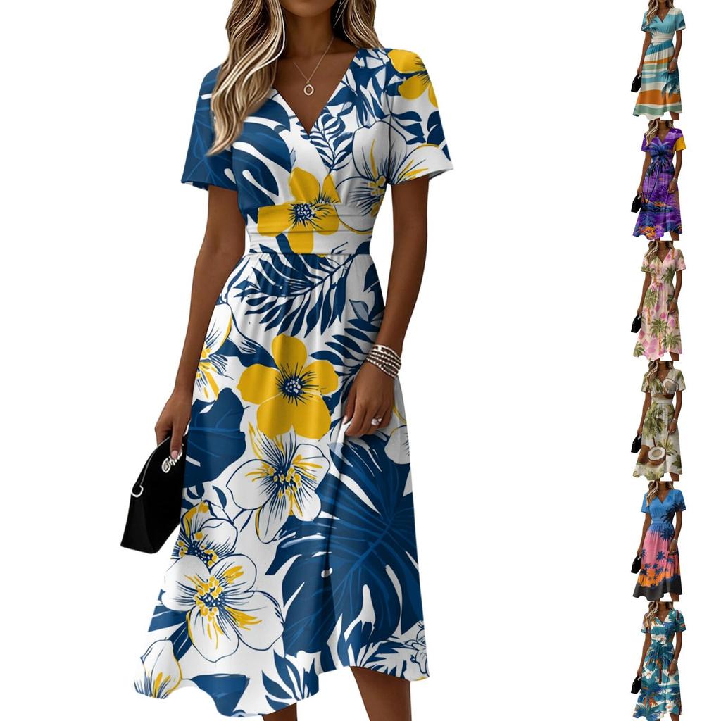 Women's V Neck Short Sleeve Casual Midi Dress Hawaiian Print Summer Beach Dress Elastic Waist Relaxed Fit Vacation Dress