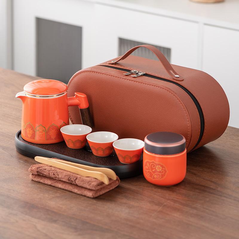 High-end Leather Bag Travel Kung Fu Tea Set Ceramic One Pot Three Four Six Cups Company Commemorative Gift
