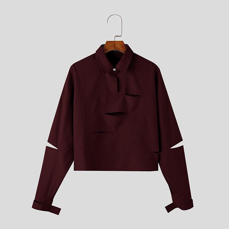 

INCERUN Мужские рубашки с отложным воротником, с полыми вставками, с длинным рукавом, короткие топы 2XL вино красного