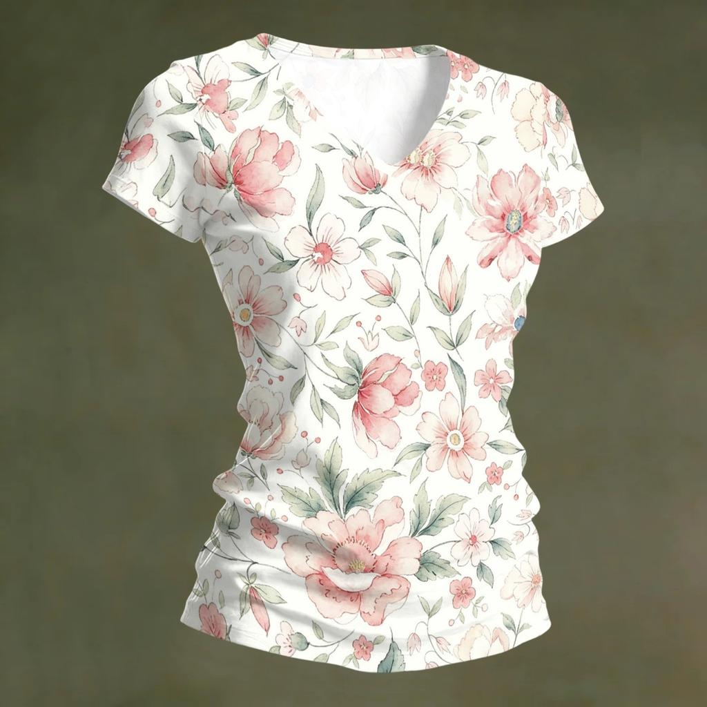 Camiseta Floral de Manga Corta con Cuello en V para Mujer, Informal, Holgada, Tejido Ligero y Suave, Top para Uso Diario, Oficina, Viajes