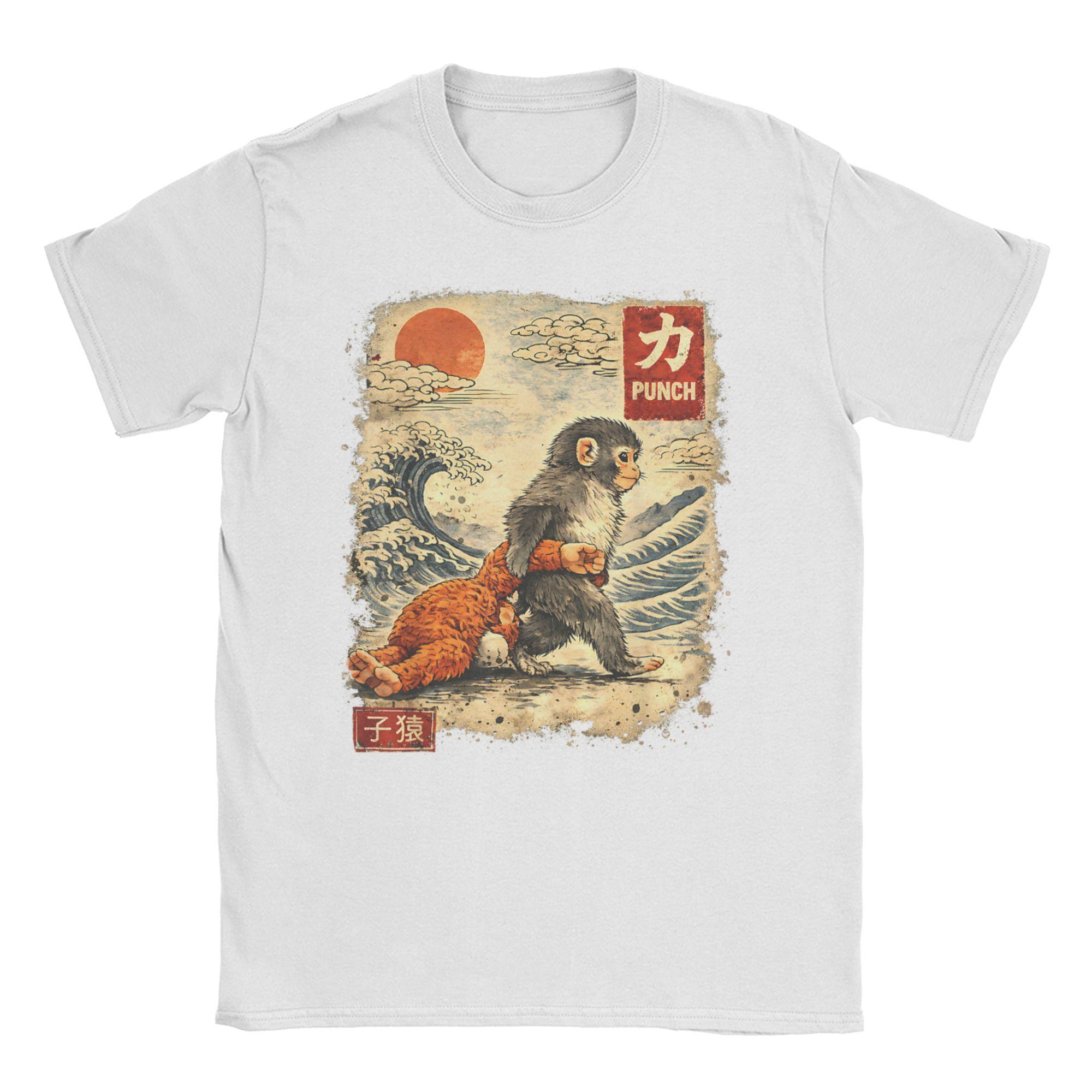kawaii Baby Monkey Punch Cute Japanese Macaque UkiyoE T Shirts Unisexs Cotton Novelty TShirt Round Collar Tee Shirt S