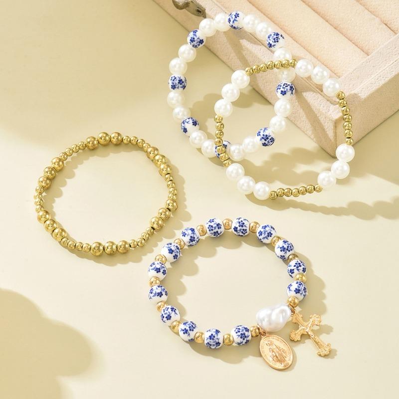 Blue and white porcelain beaded bracelet retro medium personality imitation pearl cross pendant jewelry