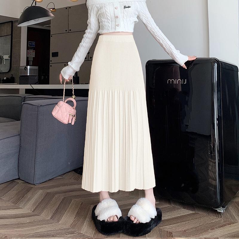 

Трикотажная юбка женская длинная юбка осень-зима корейская версия юбка А-силуэта с высокой талией утягивающая юбка с большой складкой One Size абрикосовый