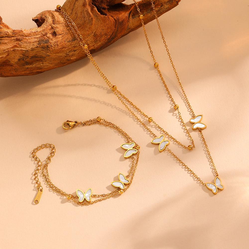 INS Style Titanium Steel Sweet Butterfly Pendant and Double Layer Bead Clip Jewelry Set for Women