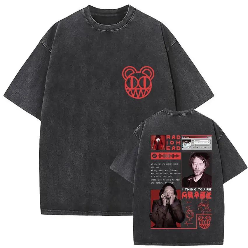Oversize'owa koszulka z krótkim rękawem w stylu acid wash z ikonicznym logo niedźwiedzia Radiohead i nadrukiem sloganu „Keep Calm and Listen to Radiohead”
