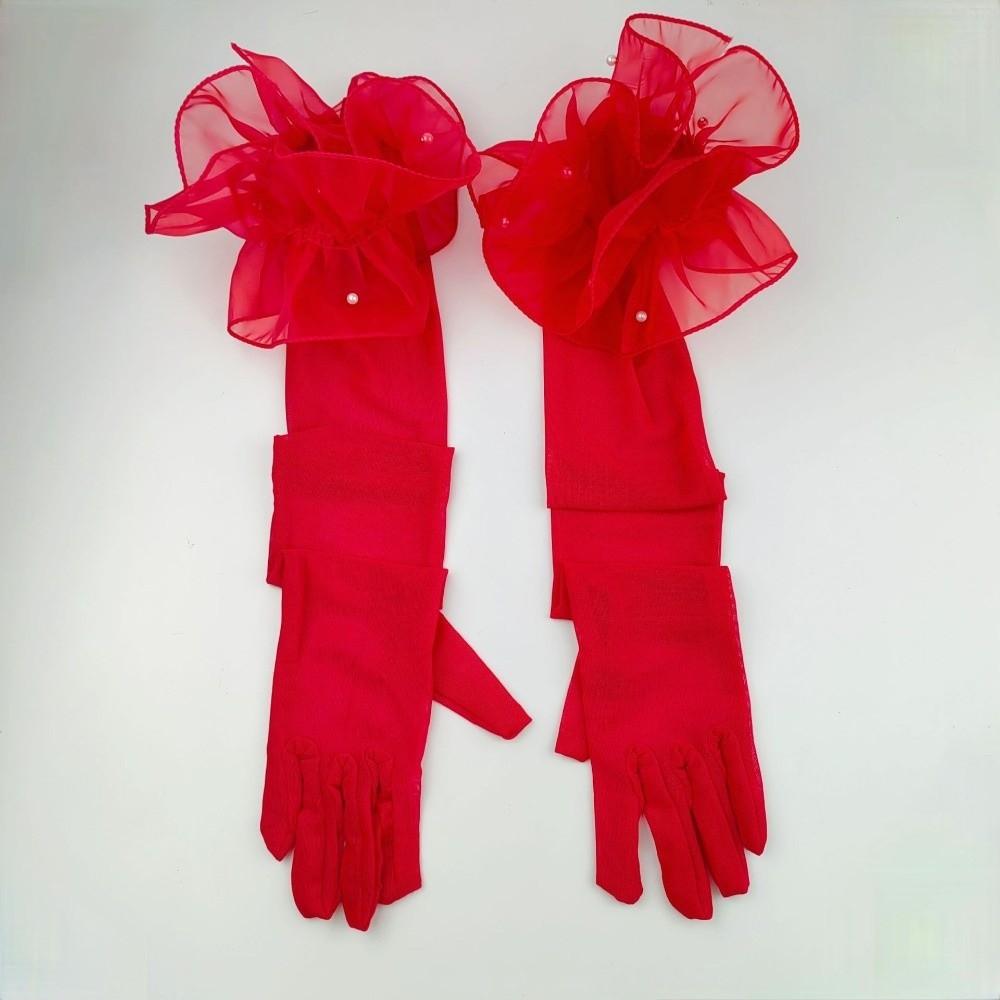 Lace Pearl Etiquette Gloves Perspective Sunscreen Sleeves Fashion Long Gloves  Wedding Dress
