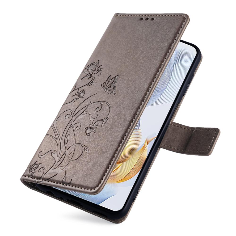 For Honor 90 Case Butterfly Flower PU Leather Stand Phone Cover with Wrist Strap Card Slots