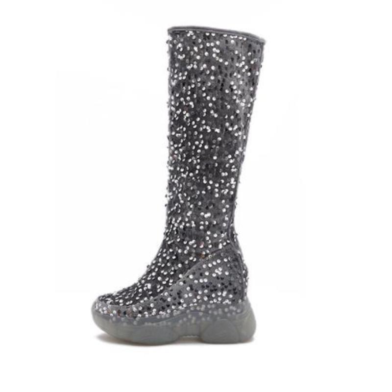 2025 New 8cm Fashion Sequin Knee High Boots Women Glitter Bling Shiny Trend High Heels Side Zip Platform Boots Goth Shoes