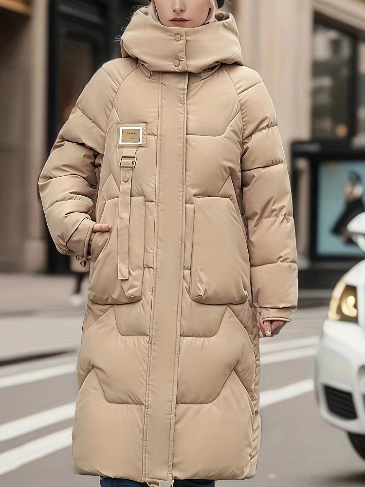Solid Color Zip-Up Hooded Coat, Versatile Warm Quilted Detail Long Sleeve Mid-length Coat for Winter, Women's Clothing
