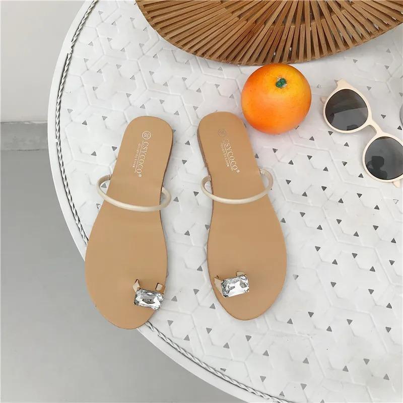 Summer Slippers Women Sandals Fashionable and Simple, Slim with Rhinestones, Flat Bottomed, Clip On Sandals for Women