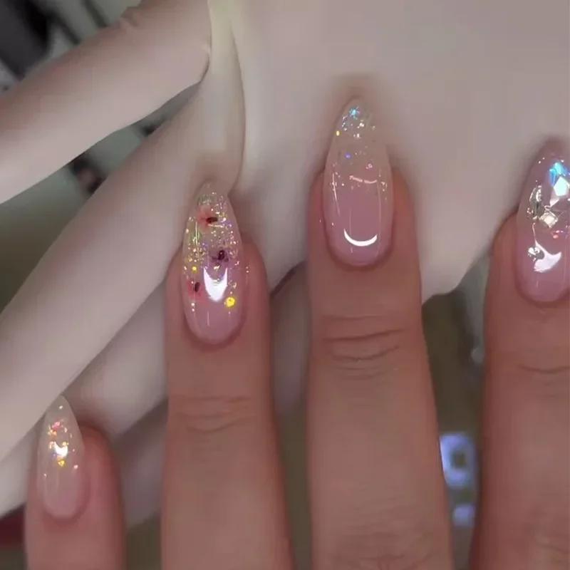 24Pcs Medium Almond Cat Eye Press On Nails Simple Full Cover Fake Nail Tips With Manicure Tools