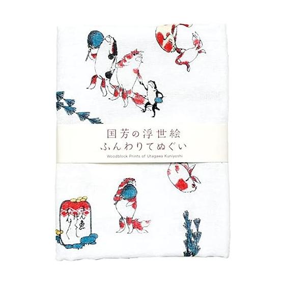 Yamamoto Jin Shoten Kyoto Crafts Ukiyo-e Tenugui Double Gauze Tenugui Goldfish (Kuniyoshi) Note. 32x89cm Made In Japan 100% Cotton
