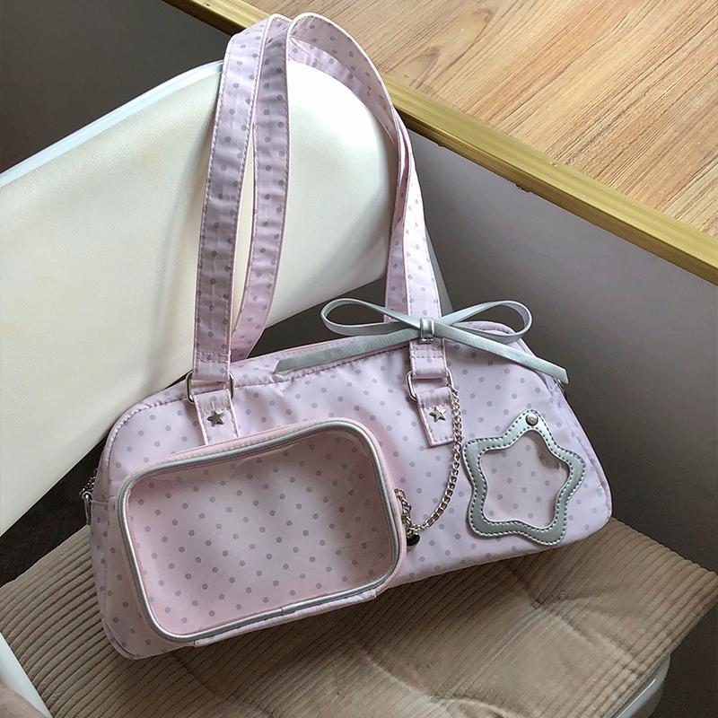 Kawaii Polka Dot Ita Bag Women Star Pocket Shoulder Bag Y2k Style Crossbody Bag With Clear Display Pocket Cute Commuter Handbag