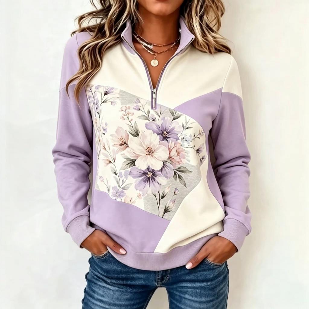 Women's Half-Zip Color Block Sweatshirt, Stand Collar Long Sleeve Geometric Pullover for Casual Wear