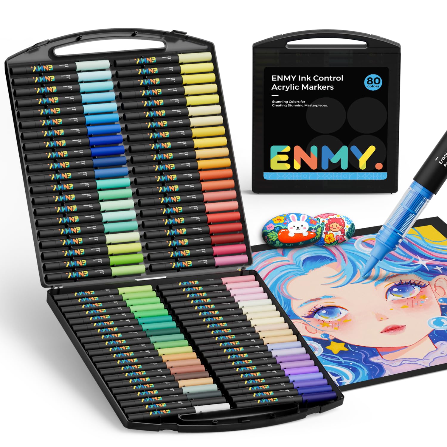 

ENMY Set of Acrylic Brush Pens for and for Adults and Kids 80-Color Direct-Fill Markers, Water-Based, Art, Manga, Fabric, Knitting, Canvas, Glass,