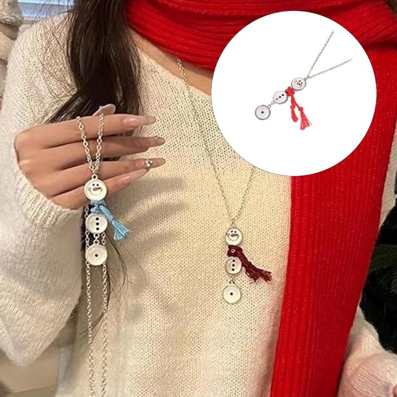 Unique Snowman Shaped Button Necklace with Tassels Detail Winter Hoodie Chain Jewelry for Women Christmas Decoration