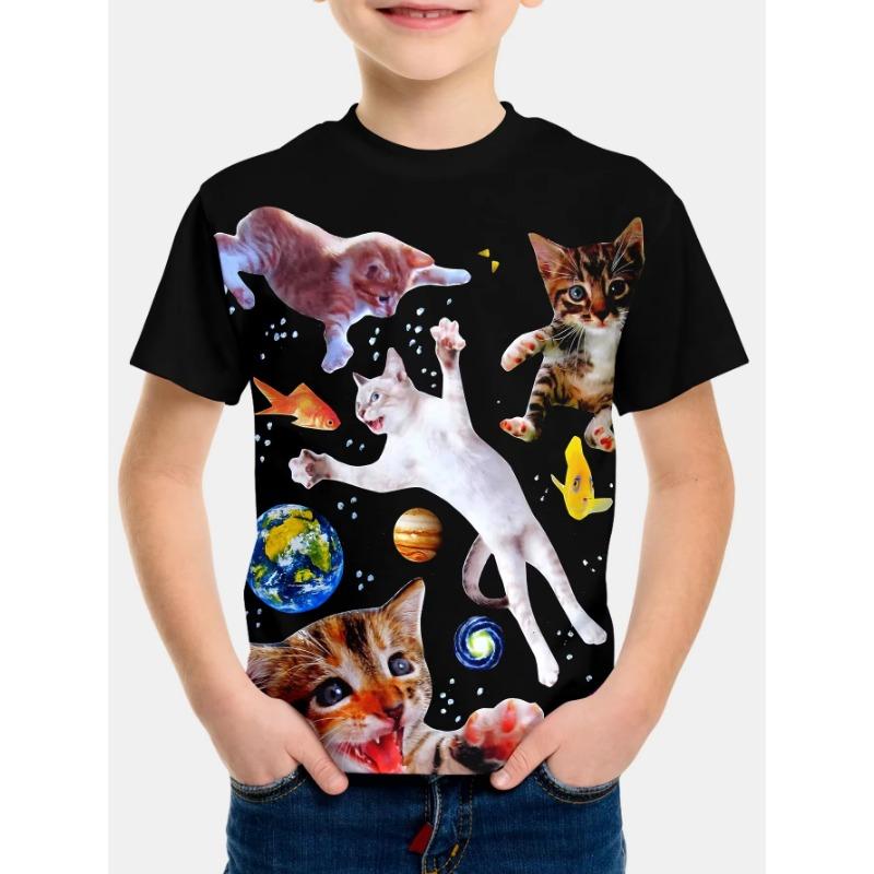 Barnkläder Flicka Pojkar T-shirt Kortärmad T-shirt för barn Sommarkläder för barn 3D Katttryck Tecknad Fritidskläder Barnkläder