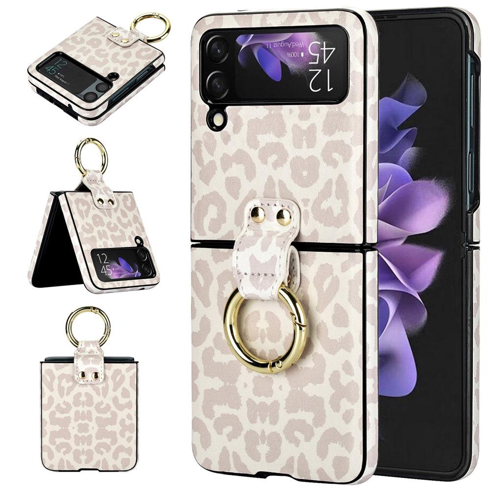 

Leopard Print Ring Phone Case For Samsung Galaxy Z Flip 7 6 Flip 5 Flip 4 3 Rhombic Leather Cover Coque For Galaxy Z Flip 5