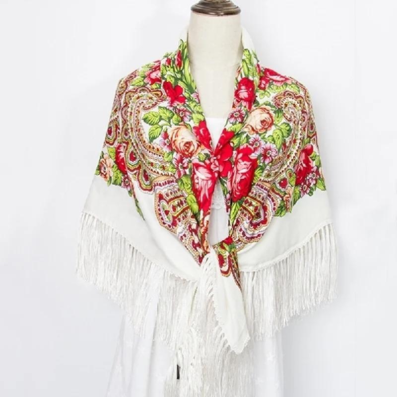Fashion Big Size Square Scarf Cotton Long Tassel Print Scarf in Spring Winter Shawl for Women Floural