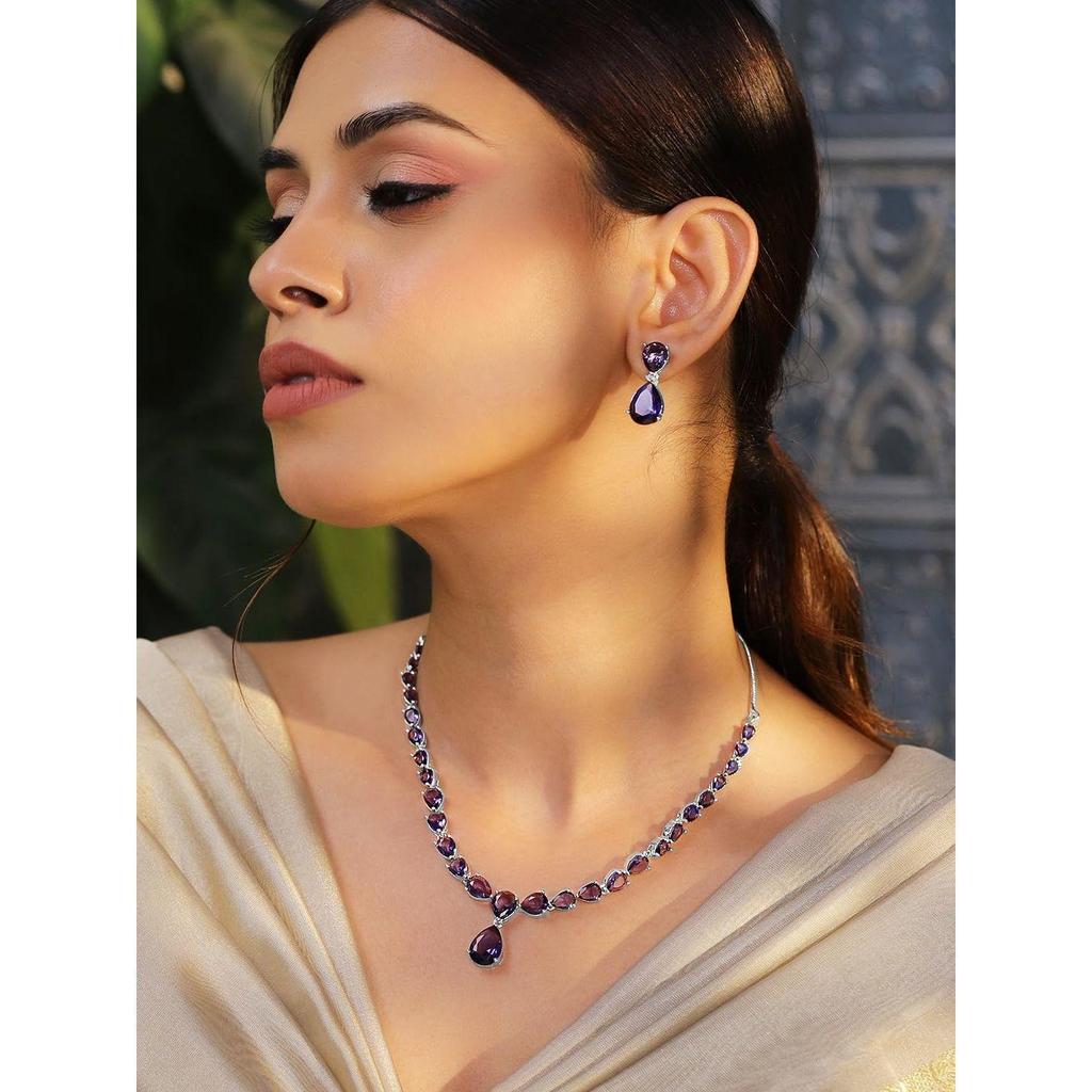 Necklace Set Rhodium Plated Crystal Studded Stylish Jewellery Gift for Women & Girls