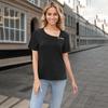 Women's Casual Color Slant Neck Short Sleeve Decorative Button T-Shirt Top