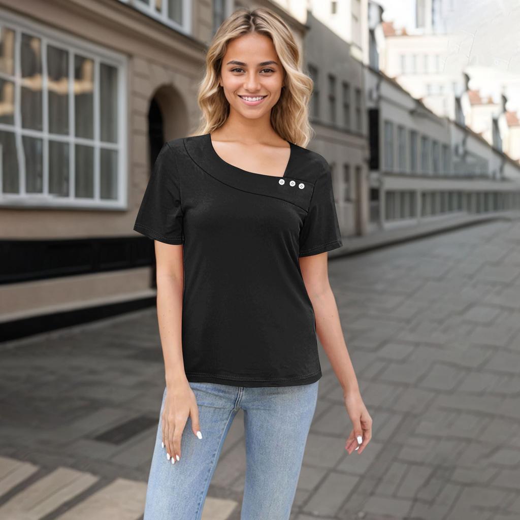 Women's Casual Color Slant Neck Short Sleeve Decorative Button T-Shirt Top