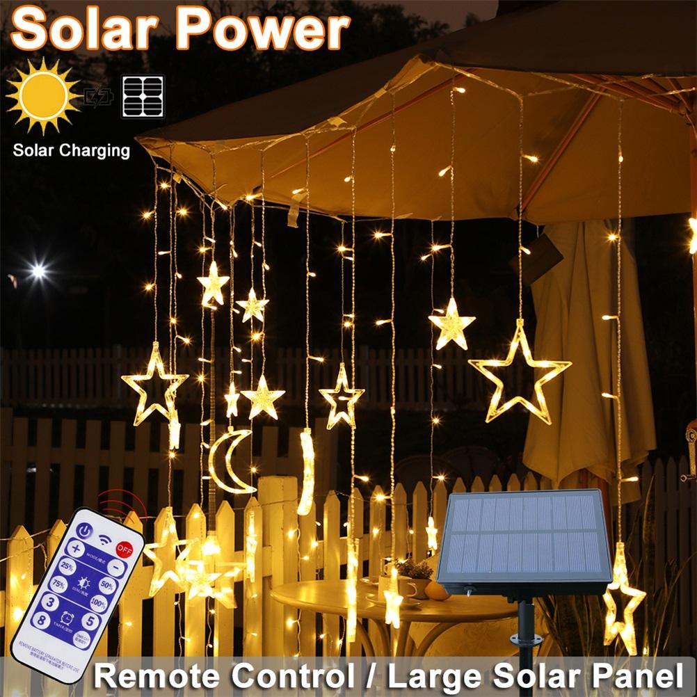 Solar Powered Star Moon LED String Lights Waterproof Garden Fairy Curtain Lights 8 Modes Wire Lamp For Wedding Christmas Decor