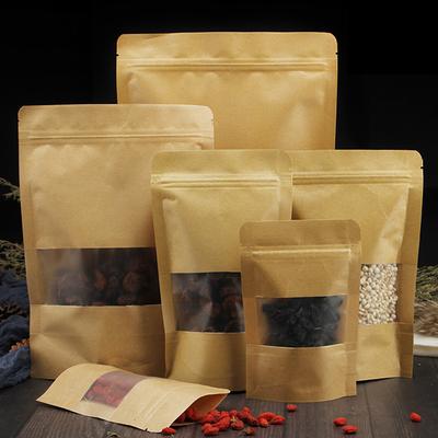 10pcs Brown Eco-friendly Resealable Stand-up Pouch With Kraft Paper Window, Coffee Bean Food Packaging!