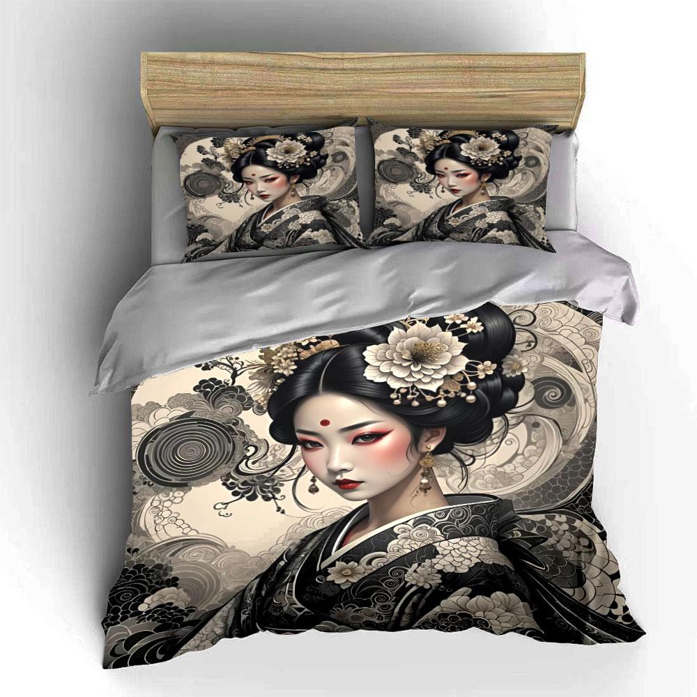 Elegant Geisha Themed Decorative Set Soft Comfortable Duvet Cover Bedding Set Included 1*Duvet Cover & 2*Pillowcases, Gift