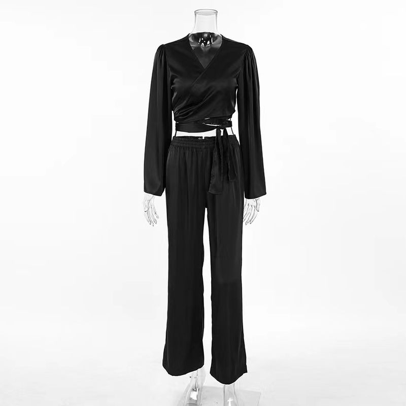 

Fashion Wind Black Fashion Long Sleeve Shoelace Top and Trousers Suit Lace up Top and Pants Set Black L