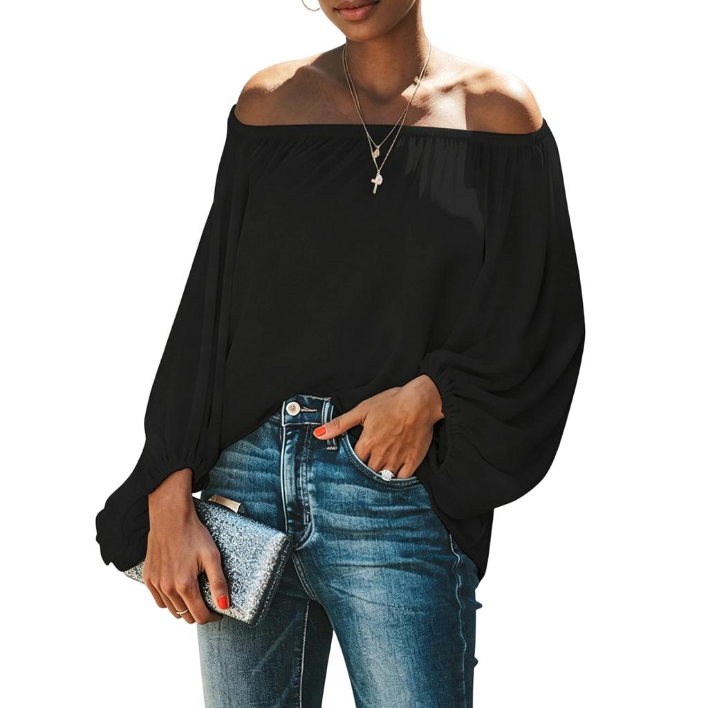 Women Off Shoulder Blouse Lantern Sleeve Long Sleeve Pullover Top Elastic Neckline Casual Shirt