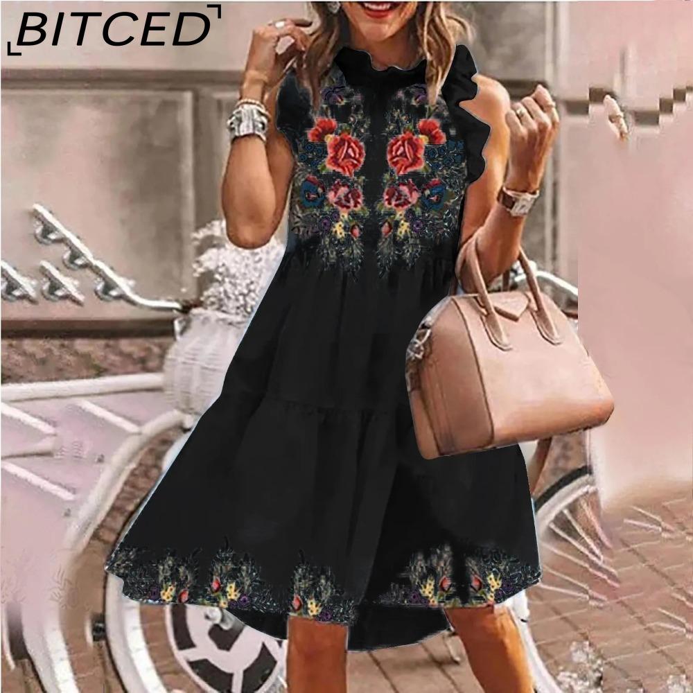 BITCED Women Floral Print Dress Loose Streetwear Knee Length Sleeveless Ruffle Party Dress S-3XL