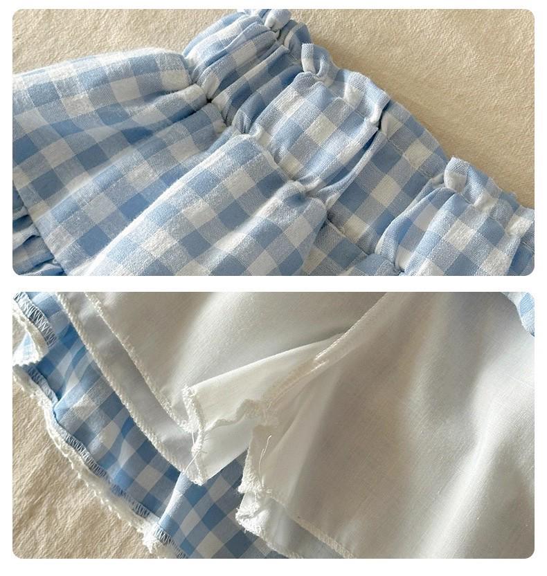2025 Korean Style Girls' Trendy Plaid Two-Piece Set with Cartoon Short Sleeves