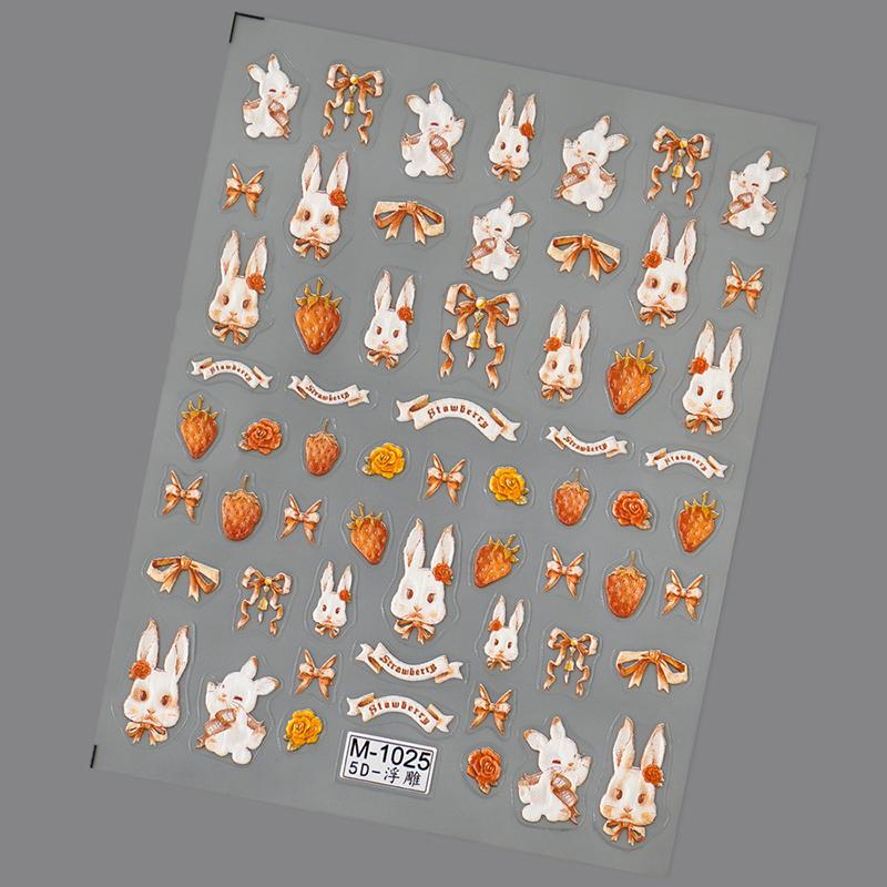 Lovely Strawberry Rabbit Nail Art Sticker Cartoon 3D Embossed Self Adhesive Nail Art Decoration Stickers 3D Manicure Decal Salon