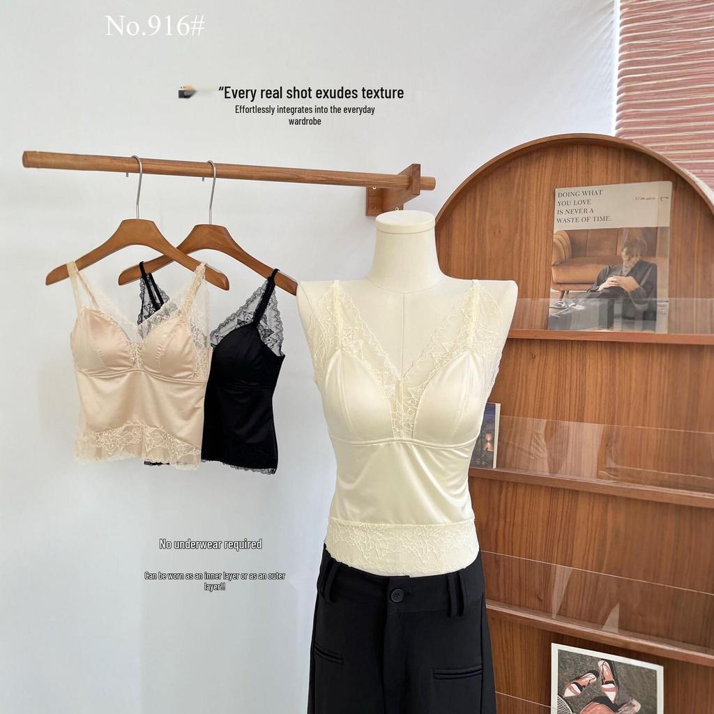 Women's V-Neck French Lace Camisole: Push-Up, Supportive Cups, Beautiful Back Design, Breathable, Anti-Exposure