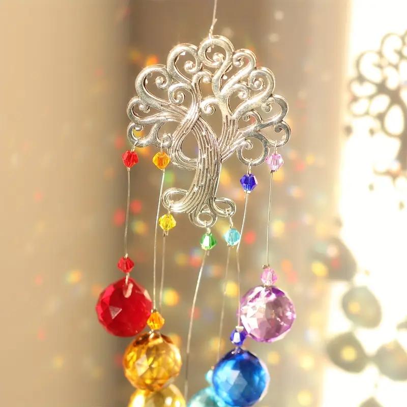 1Pc Crystal Glass Sun Shade Chakra Color Ball Prism Tree Of Life Window Hanging Ornament Rainbow Sun Catcher Premium