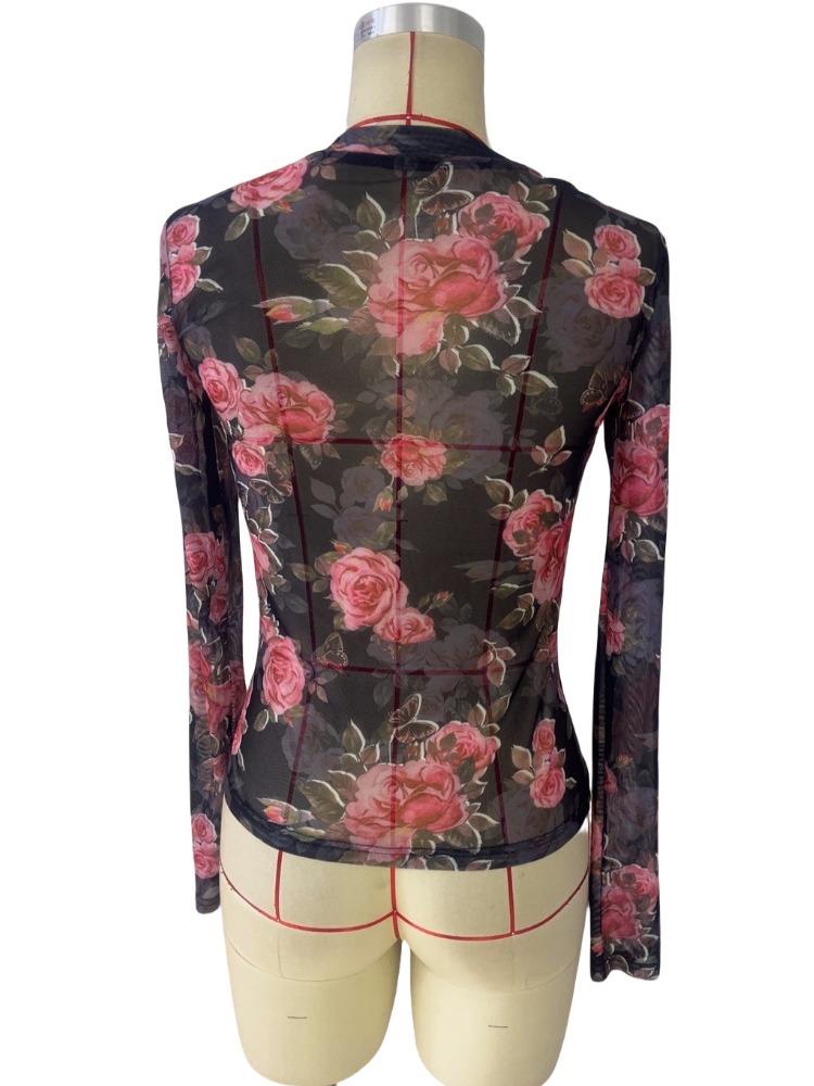 Spring and Summer Elegant Rose Floral Printed Small Standing Collar Mesh Yarn Slimming Tops for Women Versatile Closet Essential Fashion Items Shirt