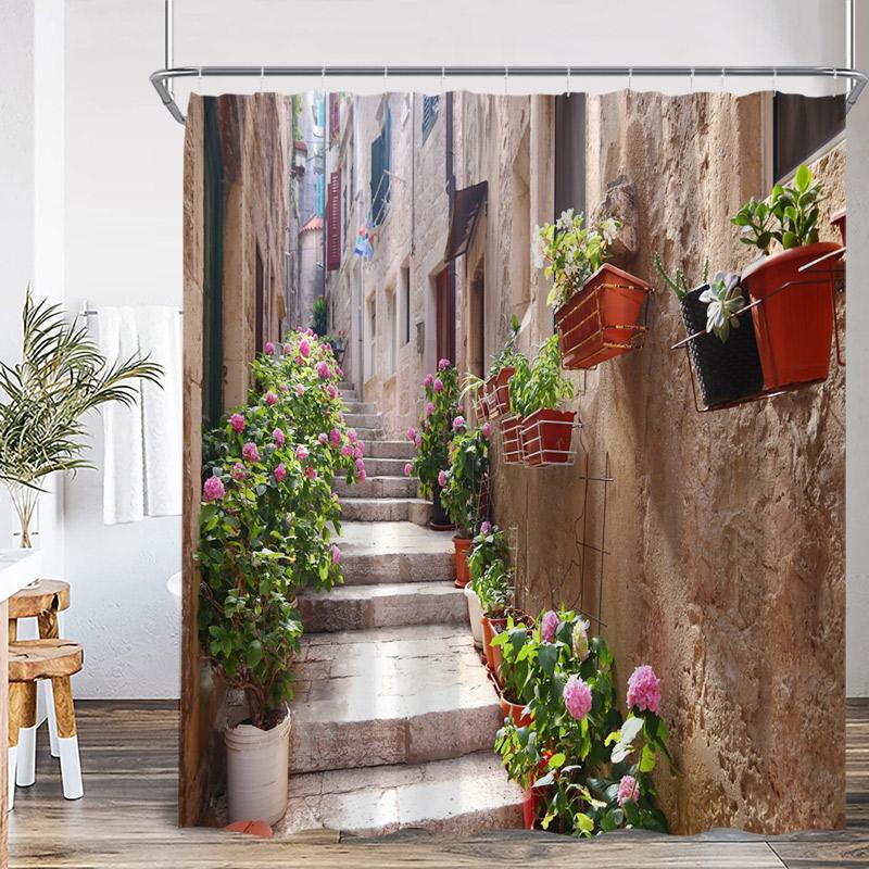 Seaside Town Shower Curtain Blue Ocean Floral Mountain Italian Architectural Scenery Bath Curtains Polyester Home Bathroom Decor
