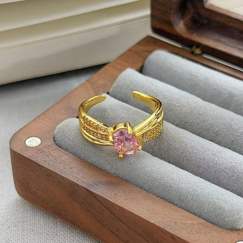 Medieval Vintage Pink Zircon Colored Treasure Open Ring Niche Light Luxury High Sense Stacked With Diamond Rings Woman