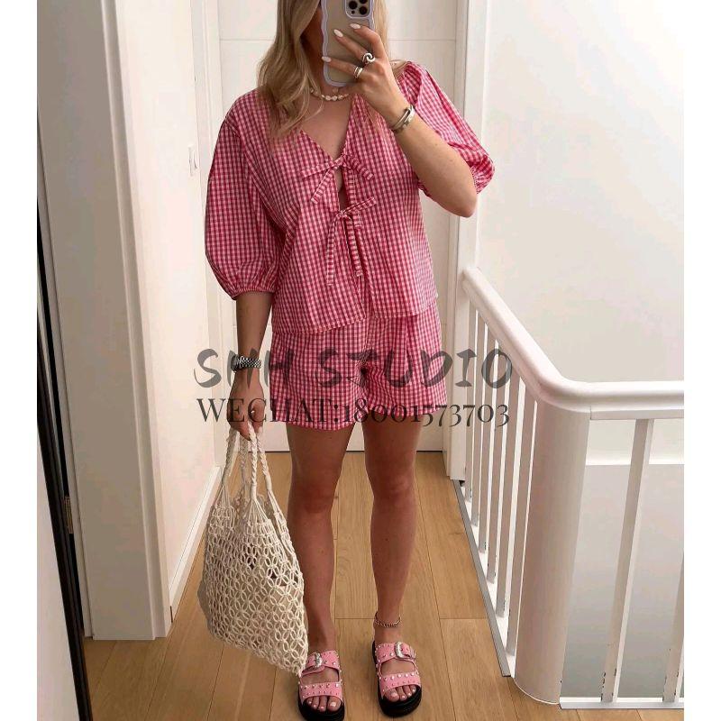 Spring New French Sweet Fashion V-neck Puff Sleeve Plaid Knotted Tops High Waist Casual Shorts