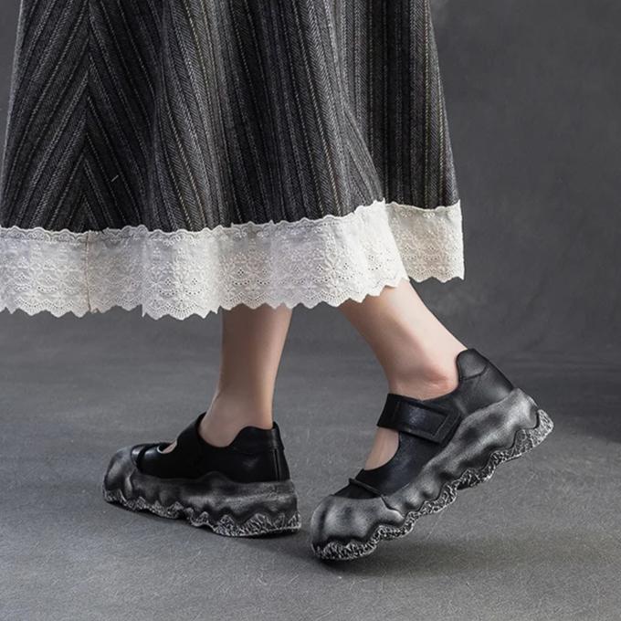 Johnature Sapatos retrô de bico redondo com sola grossa e couro legítimo, sapatos baixos femininos com sola macia