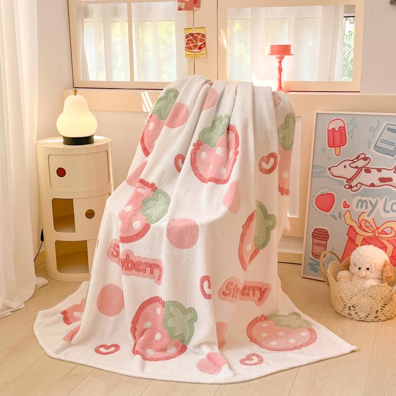 Cartoon Pink Strawberry Flannel Blanket for Kids Girls Soft Warm Lightweight Throw Blanket for Sofa Bed Traveling Camping Gifts