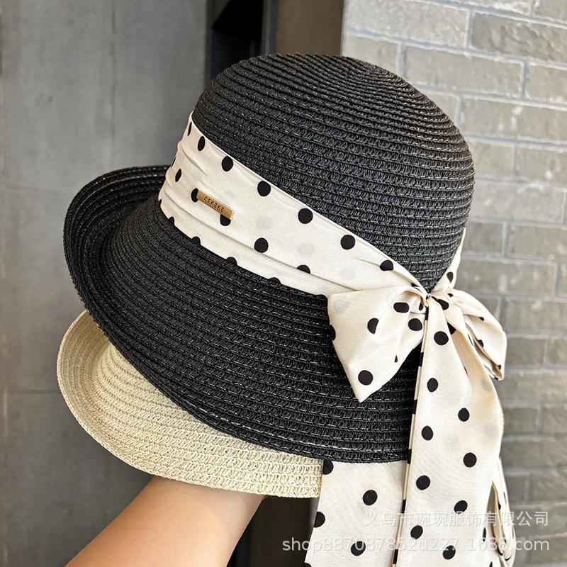 Polka Dot Ribbon Straw Hat Female Travel Beach Hat Summer Large Edge Sunscreen Sun Hat French Edge Sun Hat