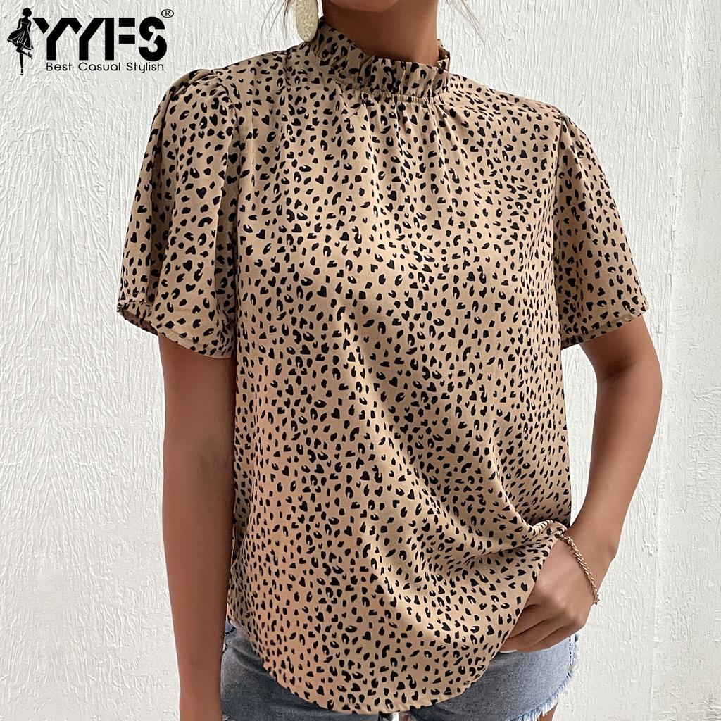 YYFS Damenmode, lässig, Leopardenmuster, kurzärmelig, O-Ausschnitt, Blusen und Hemden