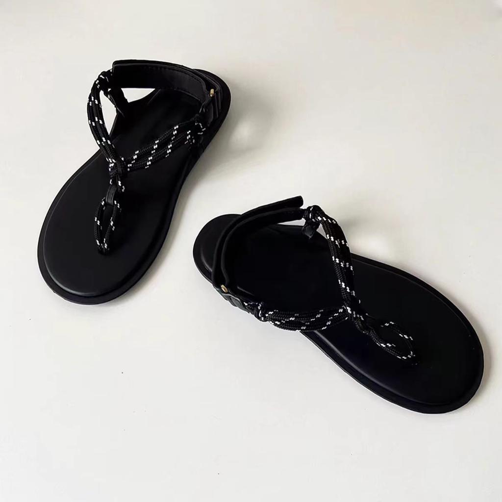 Grape mother Internet celebrity with the same sparkling rhinestone flat bottom rope knot versatile toe wearing flip-flops female beach wind